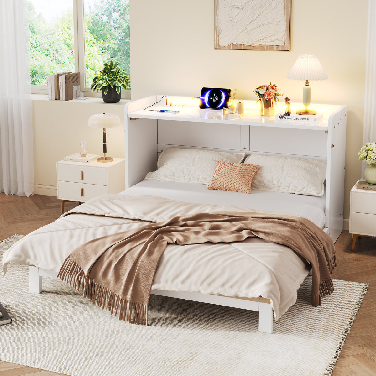 Murphy Bed, 140 X 200cm, There Are Drawers Under The Bed, With USB And Socket, LED Light Strip, With High Gloss Top, Convertible Platform Bed, Without Mattress, White