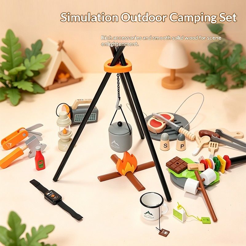 Wooden Camping BBQ Toy Childrens Pretend Kitchen Playset