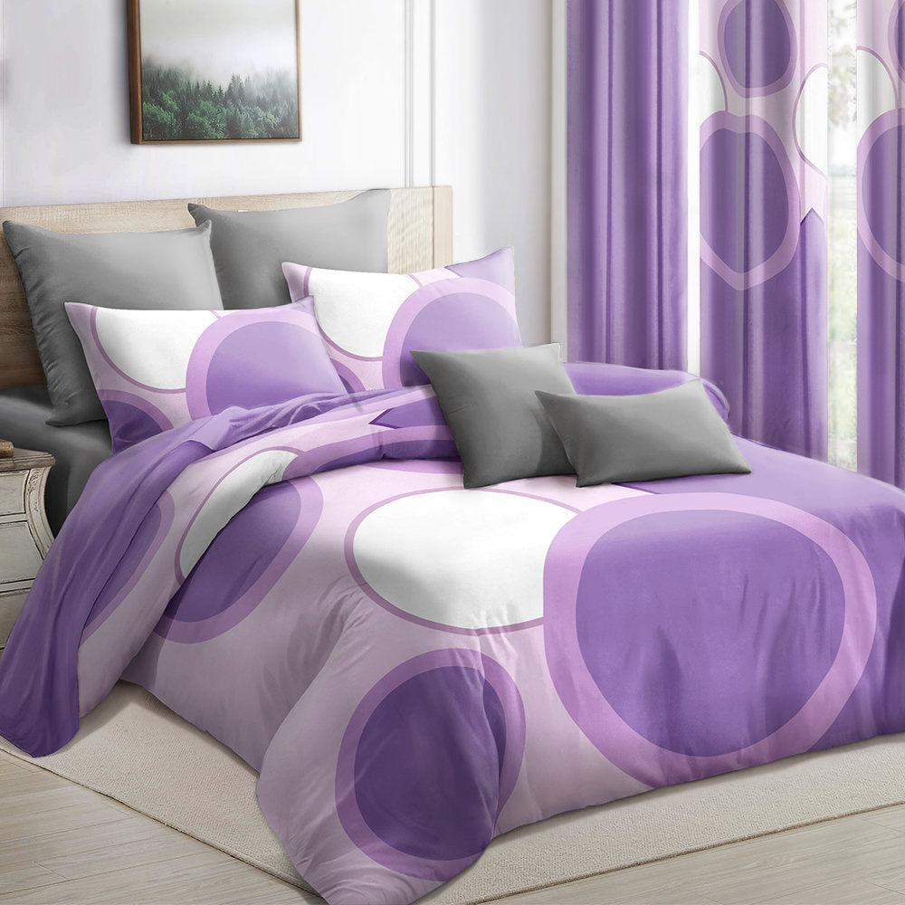 9 Piece Room In A Bag Quilt And Curtain Set, US Designer Lavender Purple Geometric Circle Print Heavyweight Bedspread With 6 Customizable Window Panels, Pet-Friendly High GSM Coverlet