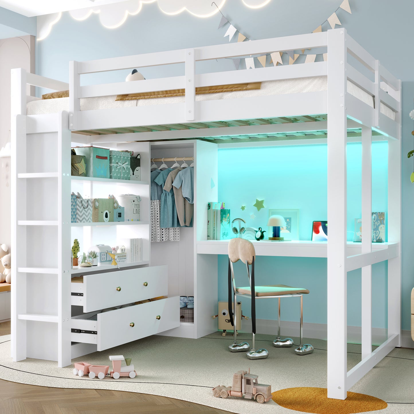 Loft Bed 140x200 With 2 Drawers And Shelves, Underbed Desk, LED Light And USB, White