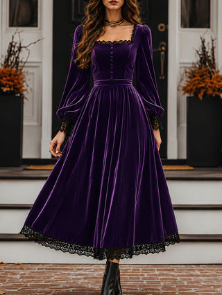 Square Neck Lace Spliced Velvet Dress For Women, New Autumn Winter Evening Gown