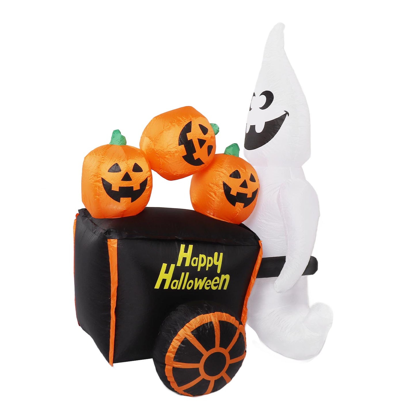 6ft Halloween Inflatable Ghost Pushing Pumpkin Cart Decor IP44 With Blower LED Lights Outdoor Inflatable Decoration US Plug 100‑240V