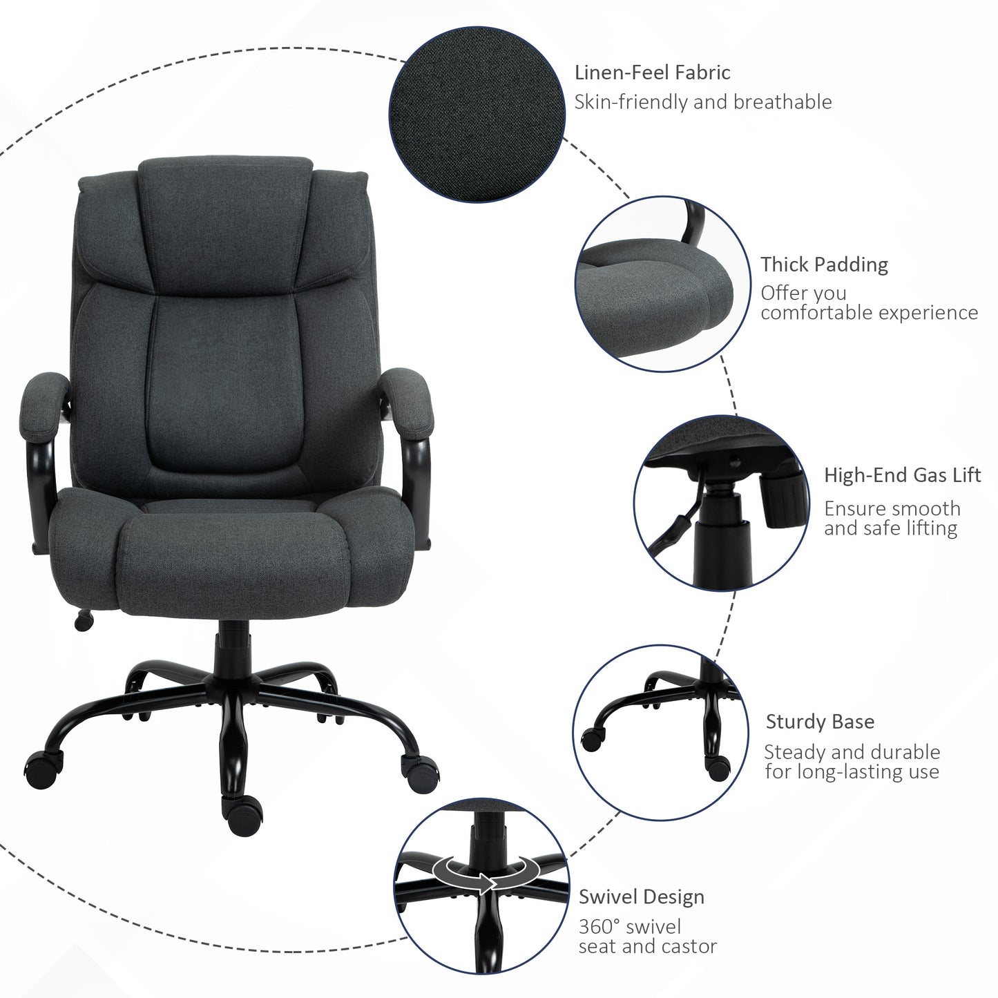Executive Office Chair with Wide Seat, Computer Desk Chair with Adjustable Height, Swivel Wheels, Gray