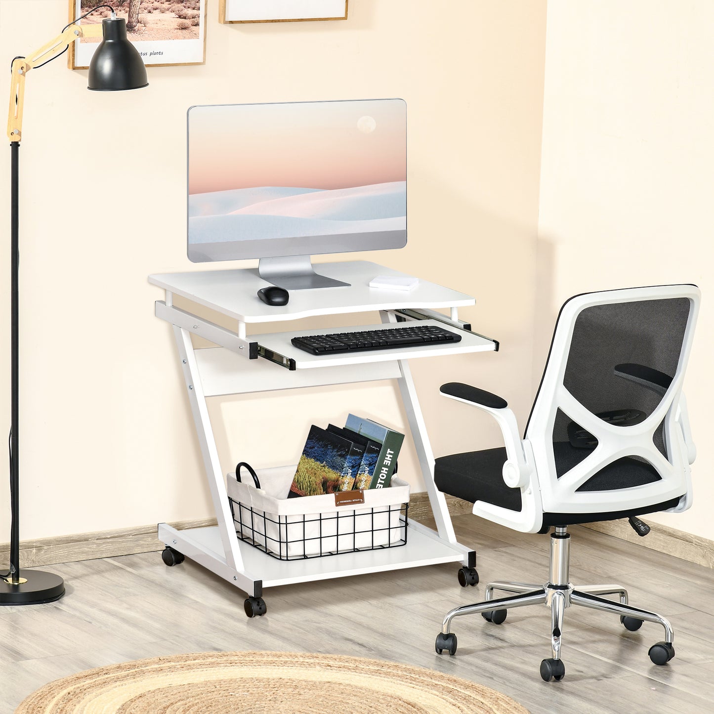 Movable Computer Desk With 4 Moving Wheels Sliding Keyboard Tray Home Office Workstation White