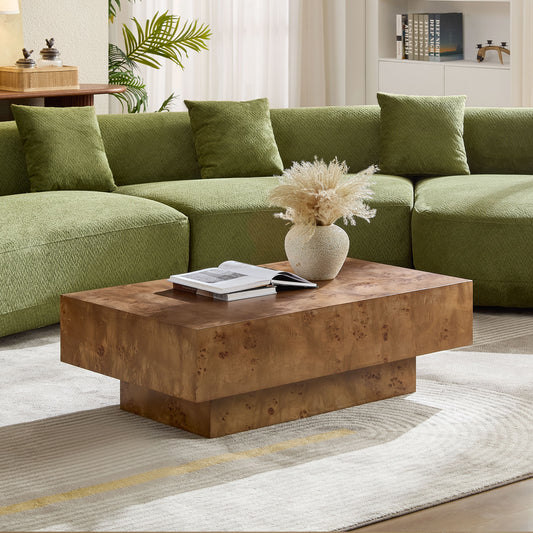 43.31 Inch Burl Wood Veneer Coffee Table,Rectangle Mid-Century Modern Table For Living Room,Coffee Table With Sturdy MDF Pedestal For Office,Apartment