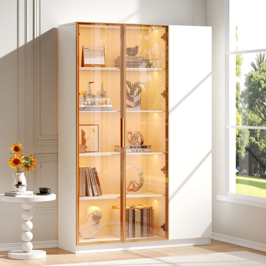 Glass Display Case, Height 165cm  Three-door Display Case With LED Lighting, Multi-colour Adjustable, Free-standing Display Case With Safety Glass, Adjustable Shelves And Anti-tilt Protection, White