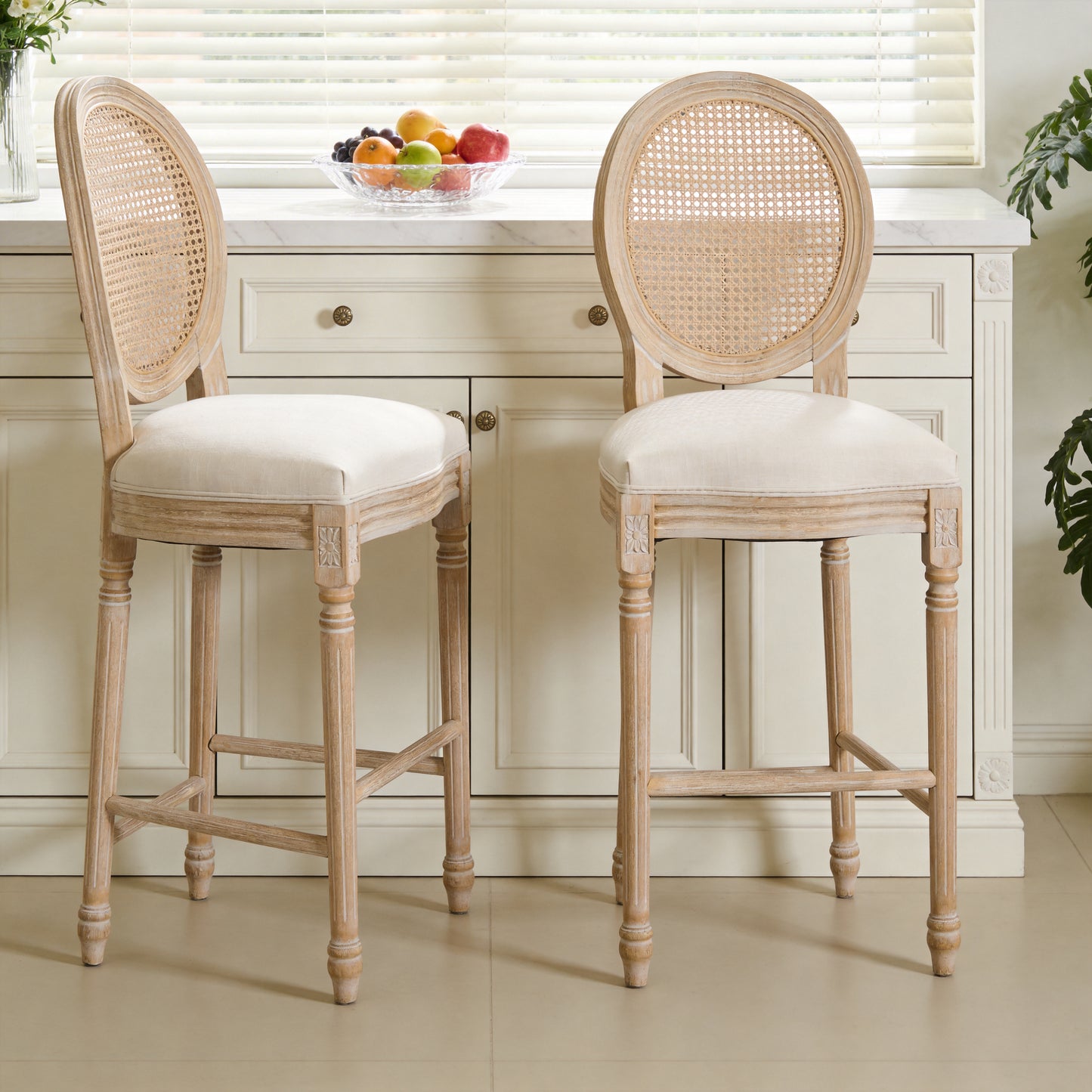 French Country 26  Height Bar Chairs Set Of 2, Upholstered Chairs With Rattan Round Back, Wire Drawing And Carving Techniques, For Living Room, Kitchen, Restaurant Use, Beige
