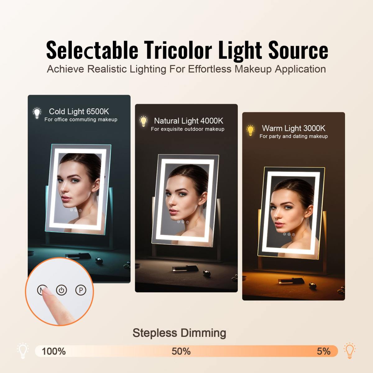 Hollywood Schminkspiegel Mit Beleuchtung, Kosmetikspiegel Mit 3 Farbbeleuchtungsmodi, Schminkspiegel Mit LEDs & 5-facher Vergrößerungsspiegel, Smart-Touch-Steuerung, 360°-drehbar, 406x296mm