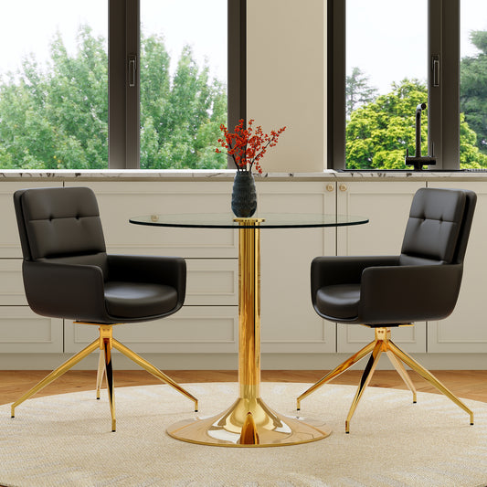 Table And Chair Collection 85 Cm Diameter, Slightly Luxurious Round Tempered Glass Table With Metallic Support Structure, Matching 2 Black-gold 360 Swivel PU Dining Chairs.