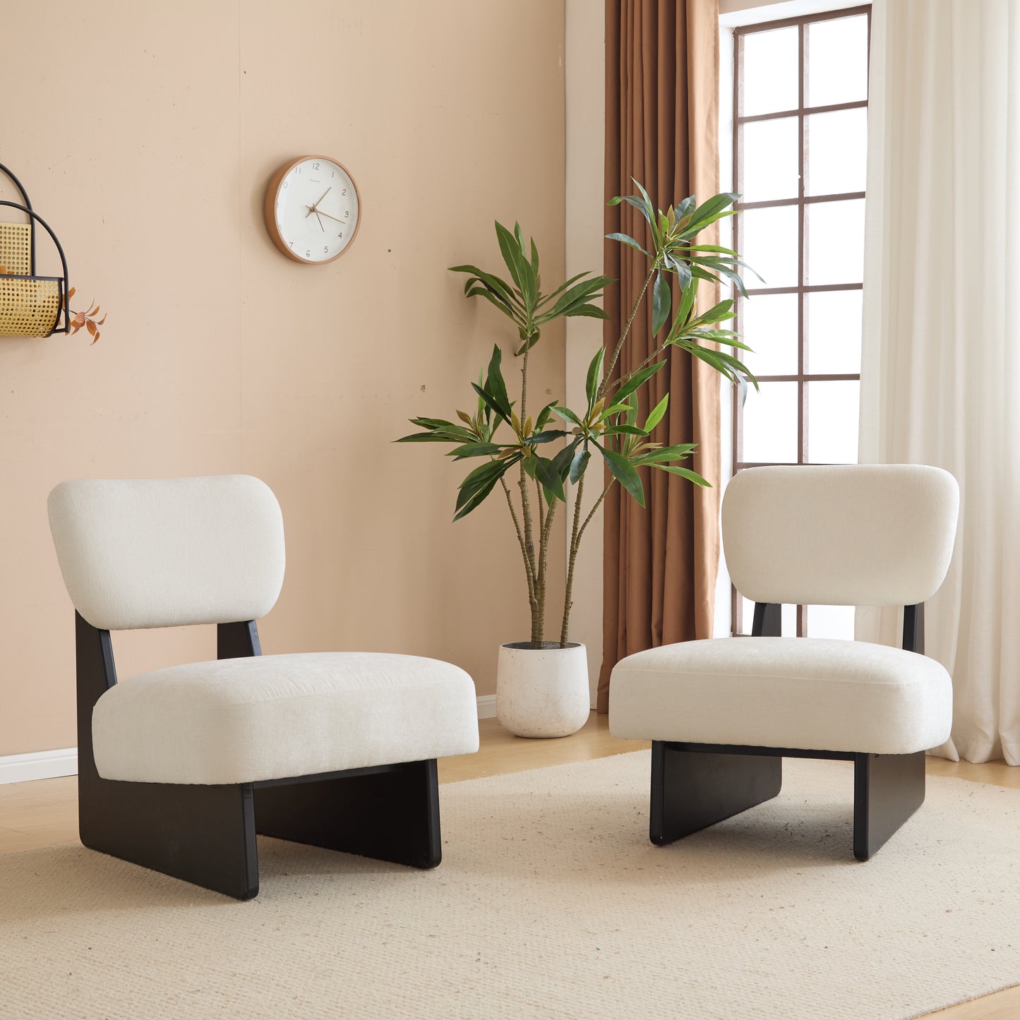 Modern Beige Lounge Chair With Polyester Upholstery, Sturdy Wood Base With Black Finish, Minimalist And Stylish Accent Seating For Living Room, Bedroom, Or Office