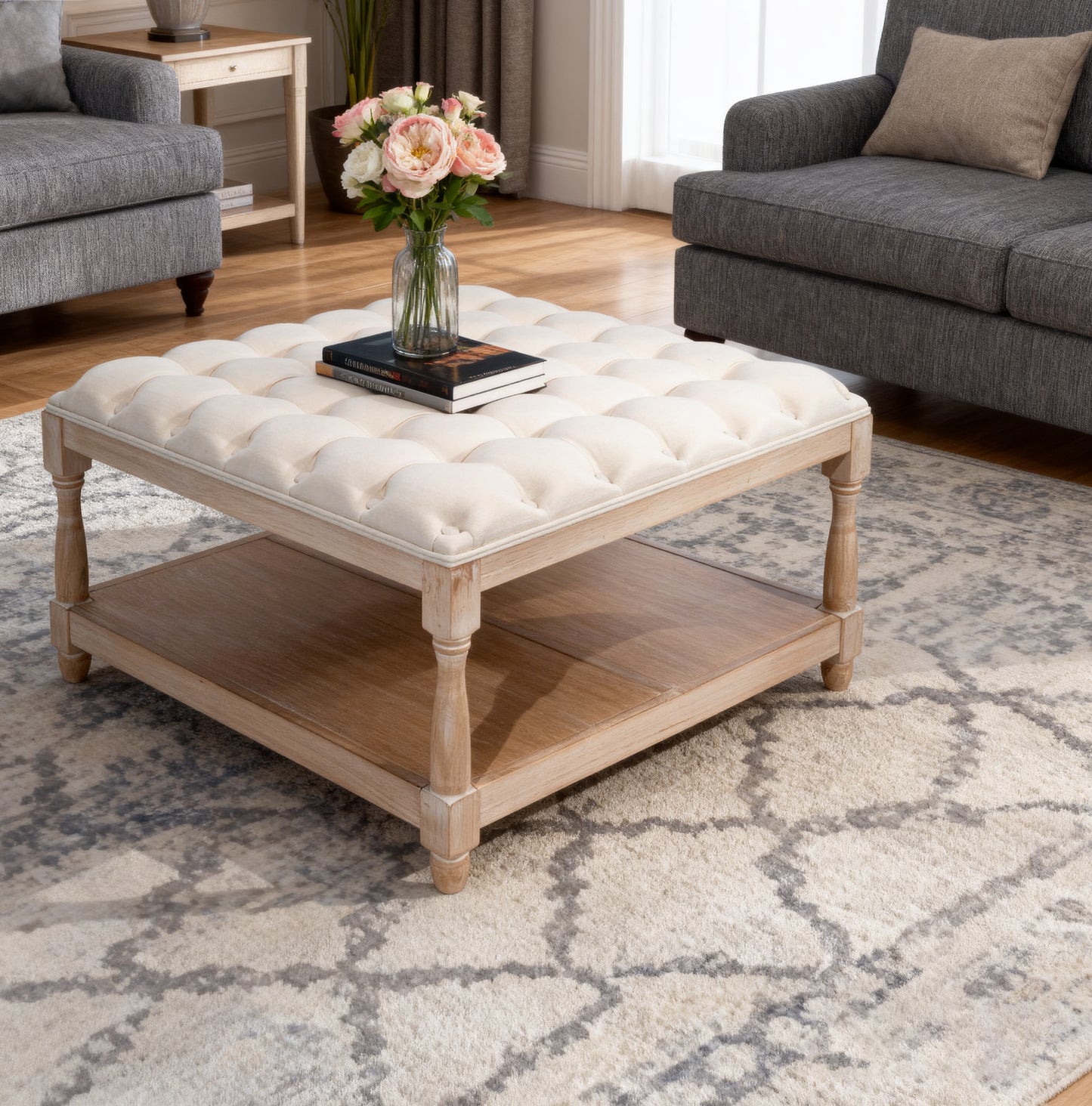 33 Inch Large Square Ottoman Coffee Tables For Living Room, Tufted Upholstered Linen Ottoman With Storage Shelf And Solid Legs For Office Bedroom Farmhouse  Beige