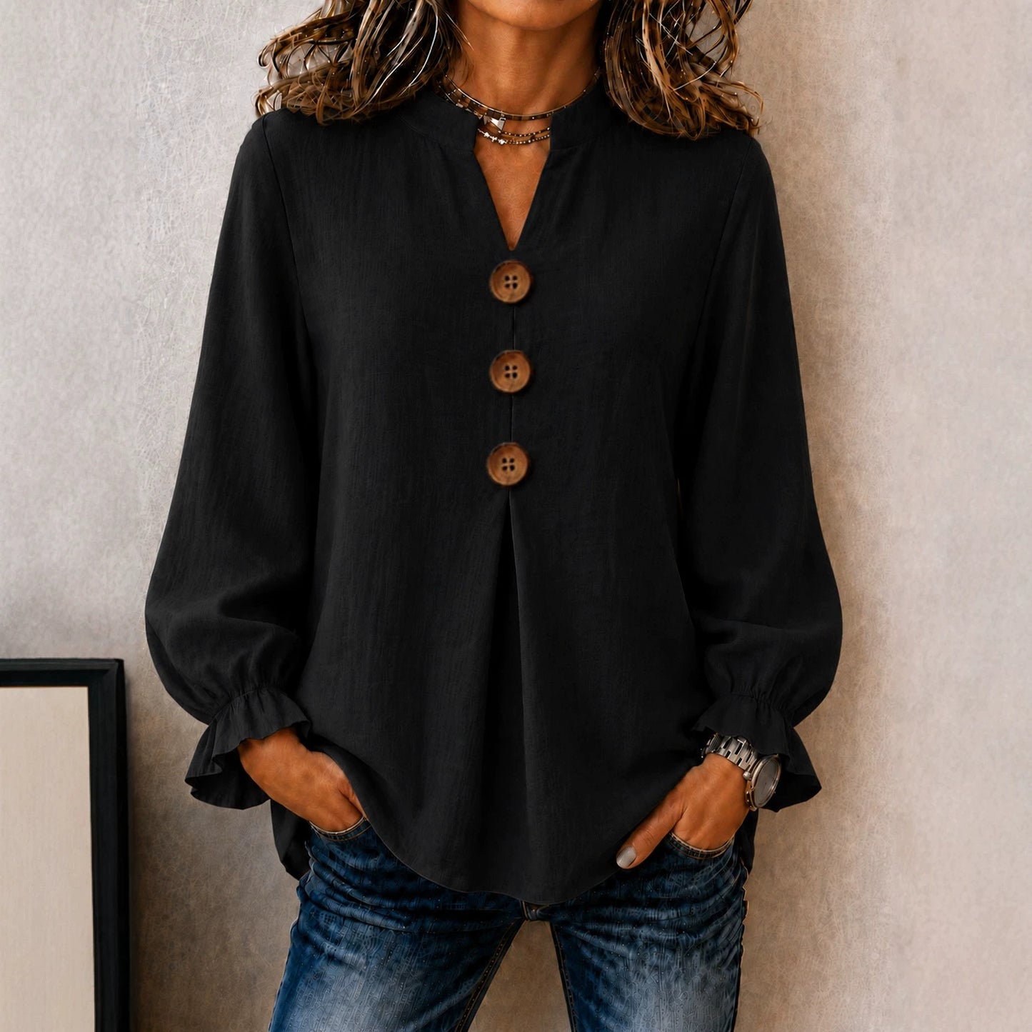 New Womens Fashion Long-sleeve V-neck Solid-color Button-up Top For Fall And Winter