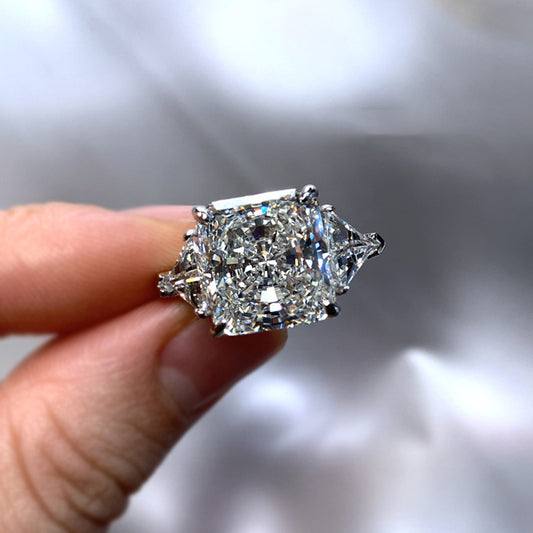 Women 3-Stone Clear Cubic Zirconia Engagement Ring, Cushion Cut Center CZ With Marquise Side Stones Multi Prong Setting, European American Premium Wedding Finger Jewelry