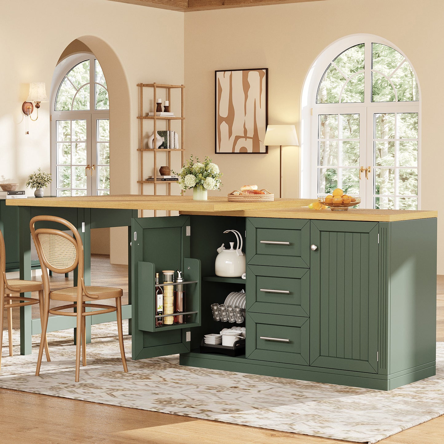 Extendable Sideboard & Table Combo, 120-197cm Adjustable Dining Table With Storage, 3 Drawers & Snack Racks, Space-Saving Kitchen Island For Small Flats, White Antique Green