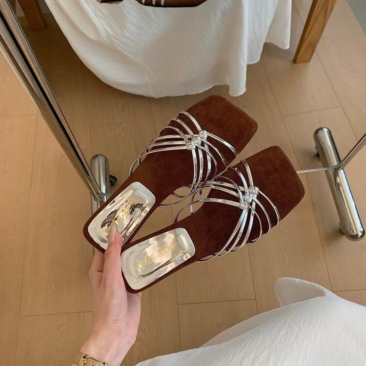 2026 New French Style Thin Strap Wedge One-Strap Slippers Women Summer Outdoor Wear High Heel Vacation Sandals
