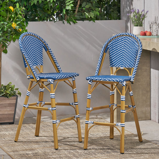 29.5 Outdoor PE Rattan French Barstool, Dark Teal And White, Aluminum Frame With Bamboo Finish  Set Of 2