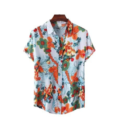 Retro-printed Short-sleeve Lapel-button Fashion Casual Jacket Shirt
