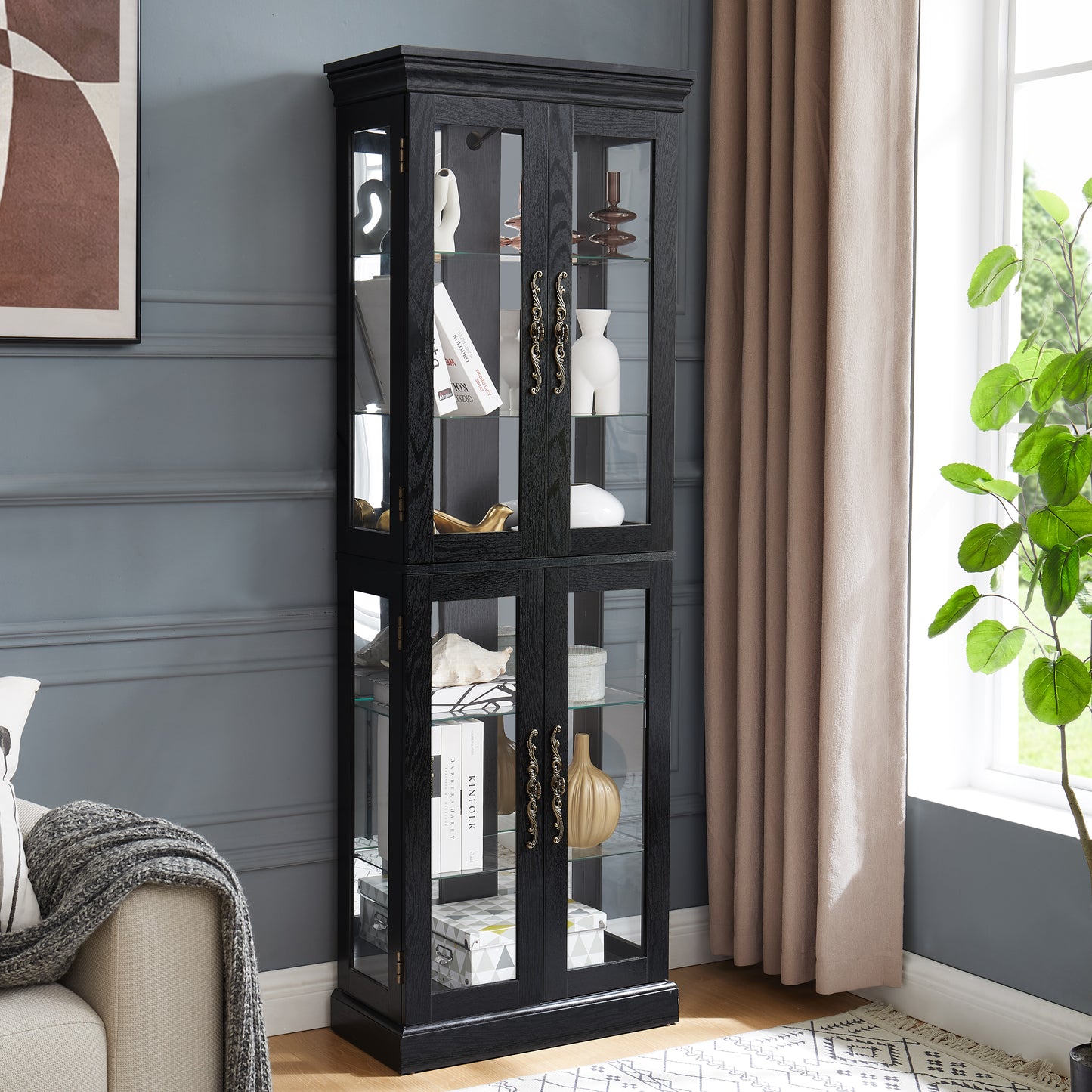 Elegant Lighted Glass Curio Display Cabinet - Wooden Frame Storage For Living Room, Kitchen & Pantry - Includes Light Bulb - Ideal For Wine, Toys & Collectibles - Black