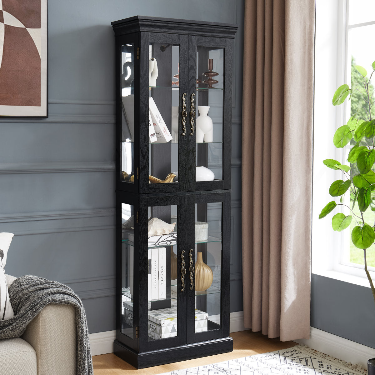 Elegant Lighted Glass Curio Display Cabinet - Wooden Frame Storage For Living Room, Kitchen & Pantry - Includes Light Bulb - Ideal For Wine, Toys & Collectibles - Black