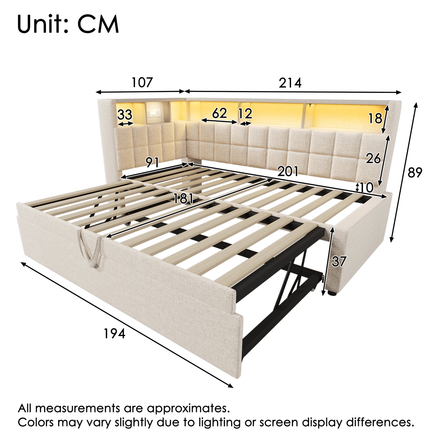 Linen Upholstered Bed 90x200 With Pull-out Bed 90x190, LED, Bluetooth Speaker, USB & Type-C Charging Port, L-headboard With Storage Shelf, Sofa Bed Guest Bed, Beige, Without Mattress