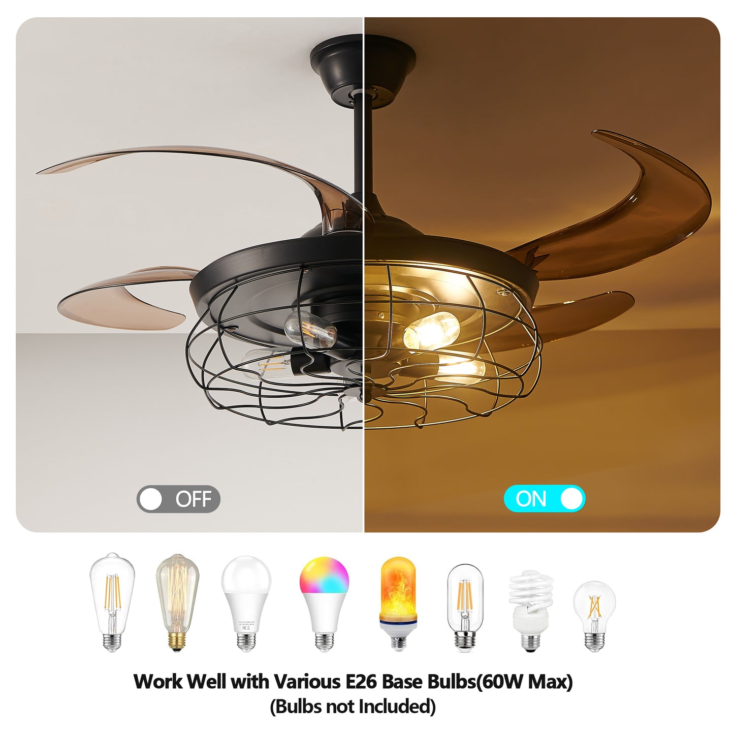 48  Black Remote Control Ceiling Fan Light   Industrial 4-Blade Fan With Cage Design And Adjustable Speed For Living Room, Bedroom, Or Office  Silent 6-Speed Reversible DC Motor Bulb Not Included