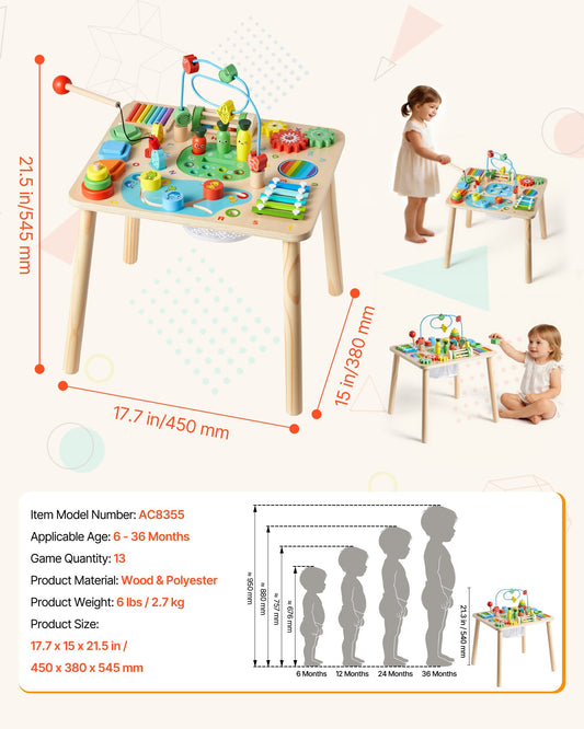 Montessori Activity Table For Toddler 1-3 Years Old, 13 In 1 Wooden Learn Activity Desk, Baby Play Table For Boys & Girls Aged 6+ Months, Great Birthday, Christmas, Children's Day Present