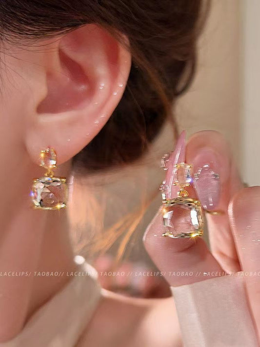 New Exquisite Square Transparent Geometric Zircon Earrings For Women, Niche Designer Brilliant Sparkling Crystal Dangle Fashion Temperament Ear Jewelry