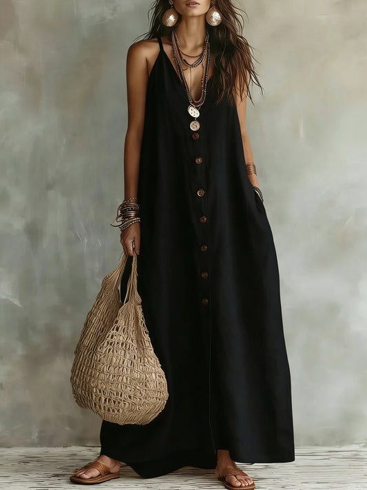 Fashion Casual Women Long Dress Solid Color With Buttons
