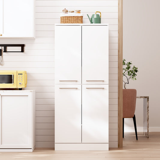 Kitchen Pantry Cabinet, White Tall Cabinet Glossy, 4-door Pantry Cabinet In Refrigerator Design, Height-adjustable Shelves, Large Kitchen Cabinet With Metal Handles, 76x42x180cm