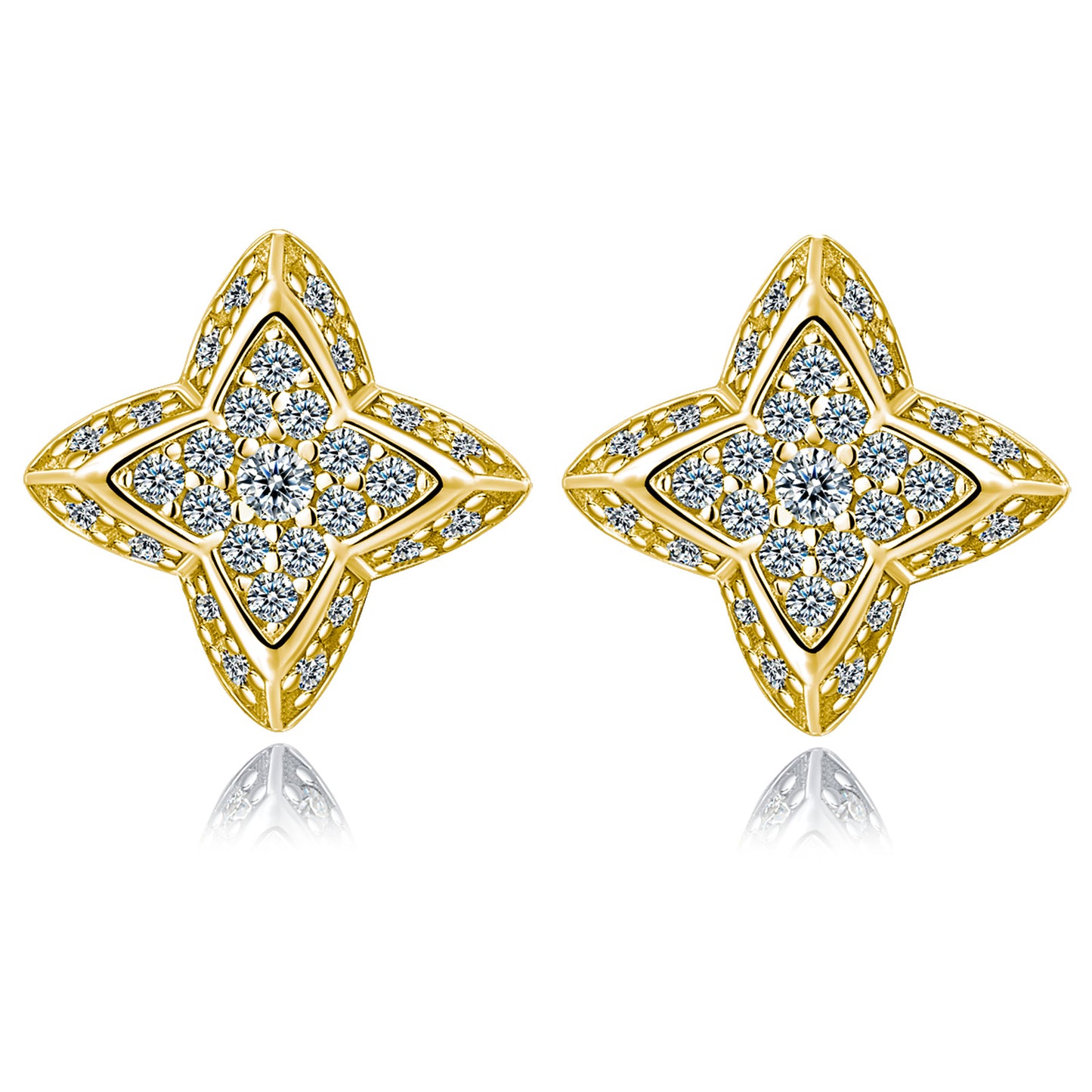 S925 Sterling Silver Four-Pointed Star Stud Earrings, D-VVS1 Moissanite Cluster, Platinum Plated 2g Women's Jewelry With Gift Box