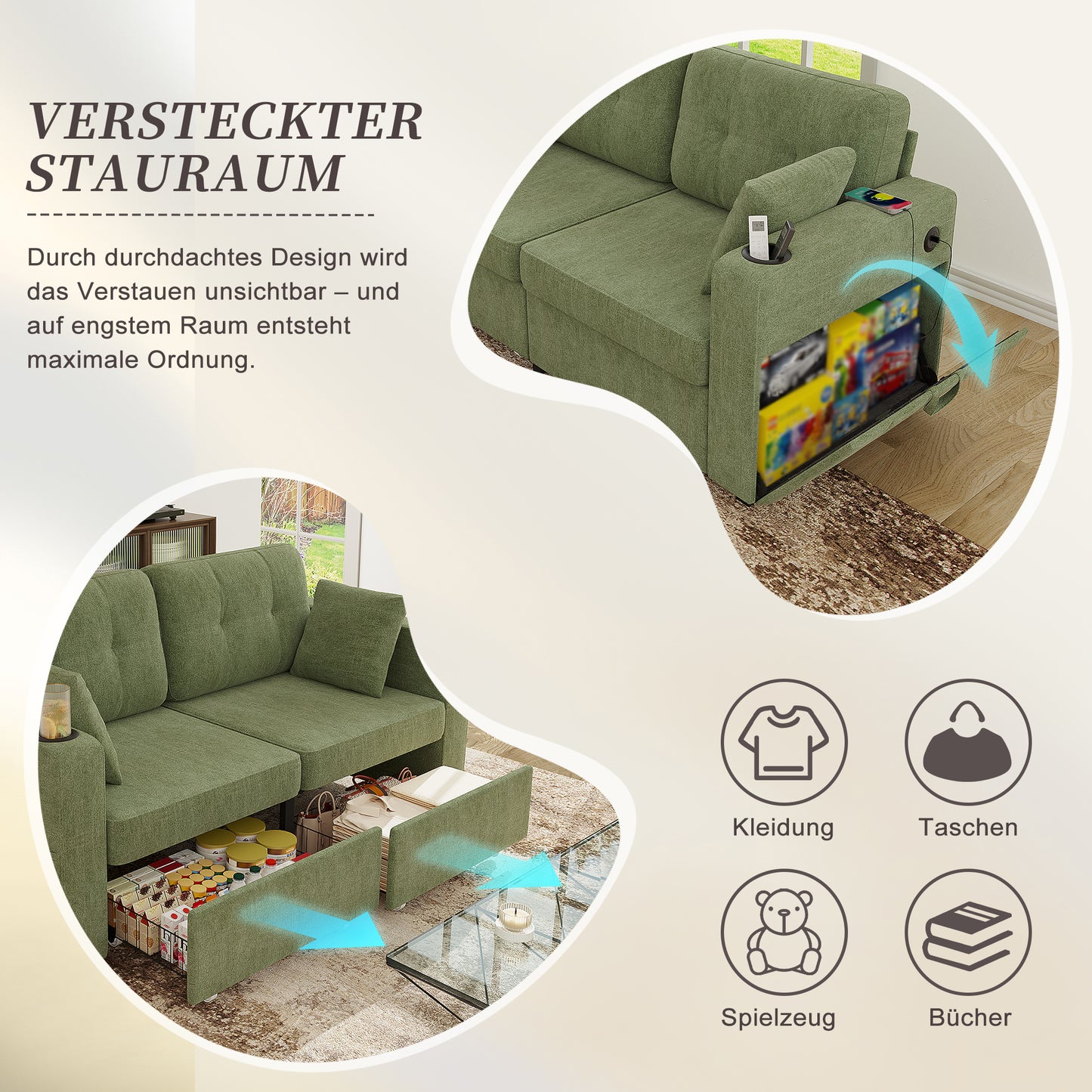 Two-seater Sofa With Two Storage Drawers And USB Charging Ports, With Cup Holders And Side Pockets, Equipped With Hidden Storage Compartments. Suitable For Living Rooms, Apartments And Reading Corners