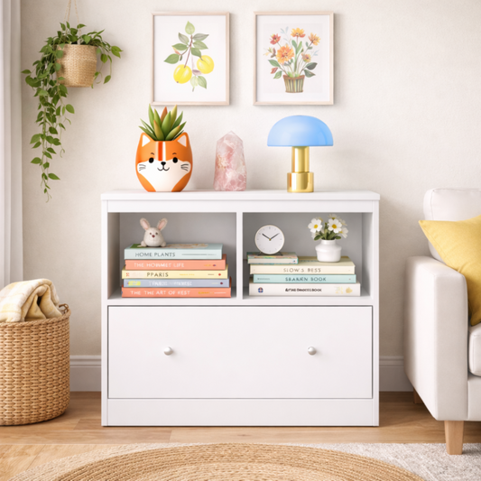 Kids Toy Storage Organizer With Large Drawer, Low Bookshelf For Nursery & Playroom, Wooden Kids Cabinet For Books And Toys, White