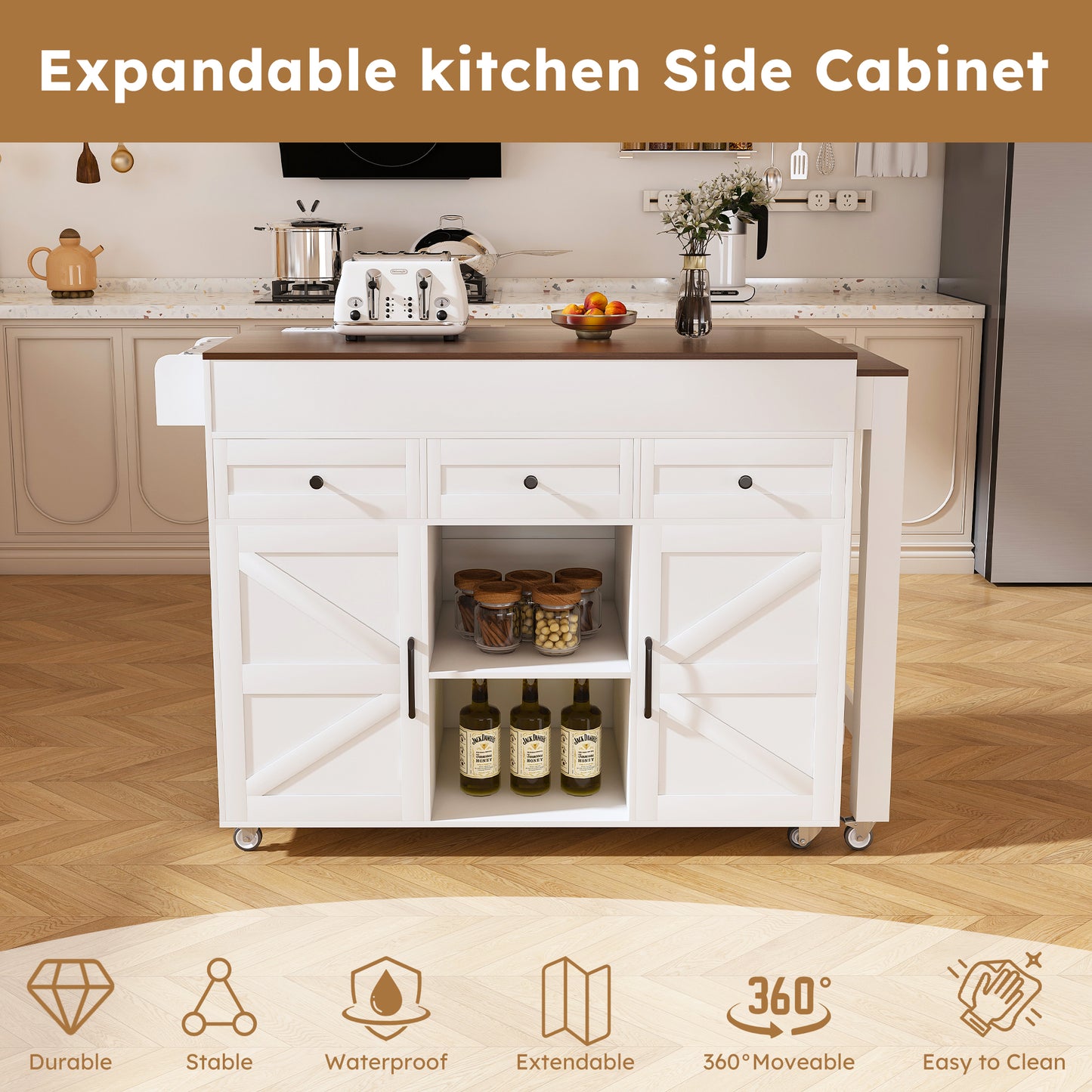 74.8 Kitchen Island With Extendable Dining Table & Power Outlet - Rolling Storage Cart On Wheels With 3 Drawers & 2 Door Cabinet For Dining Room  White