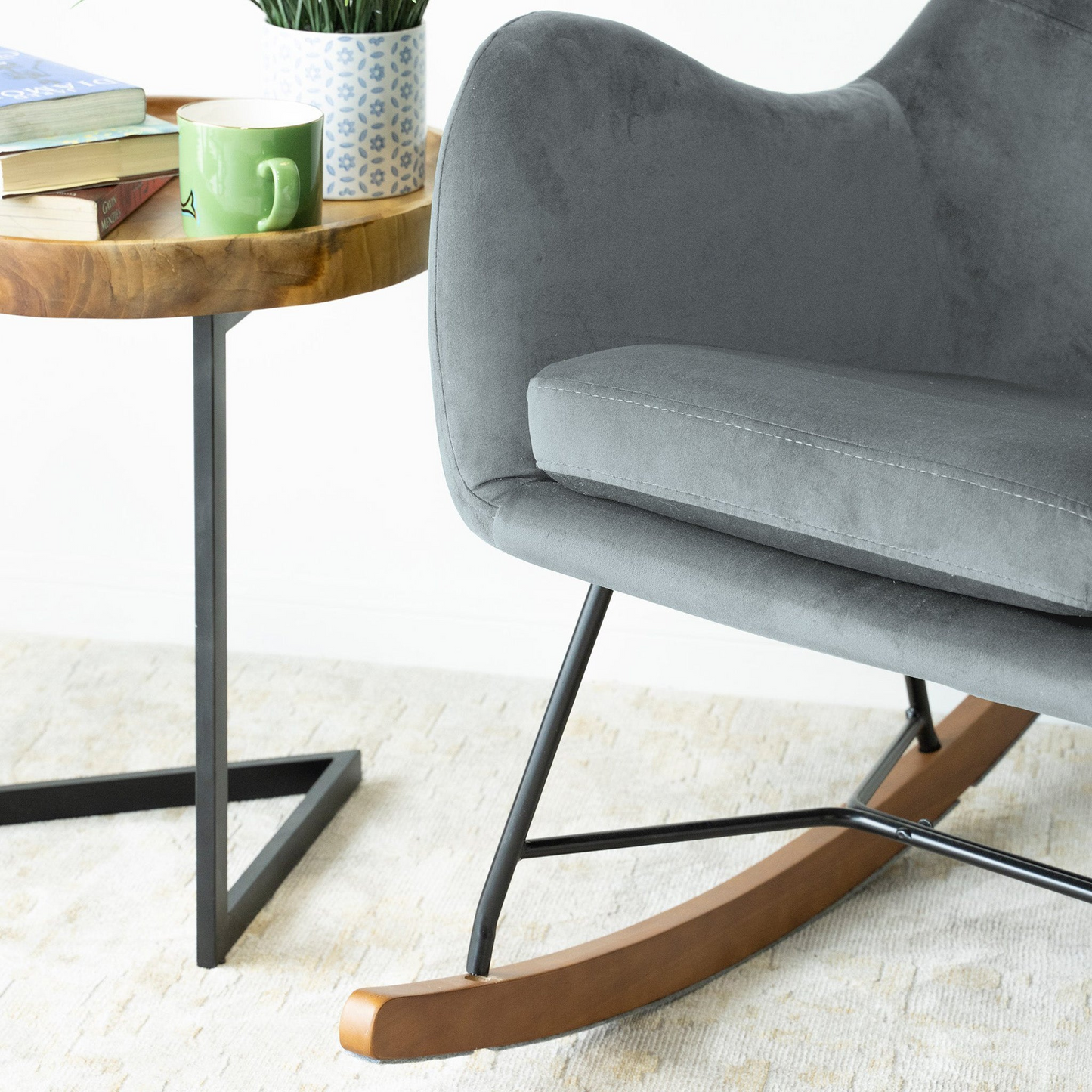 Chelsea Grey Velvet Rocking Chair, Comfort And Style For Home, Light Gray, Velvet, 38.5  H X 27.5  W X 36  D For Living Room Bedroom Waiting Room