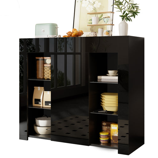 Modern Black Buffet With High Gloss Front  Compact, Stylish Storage Solution With Glass Shelves And Cabinet Door For Living Room, Dining Room Or Kitchen  95x35x83 Cm