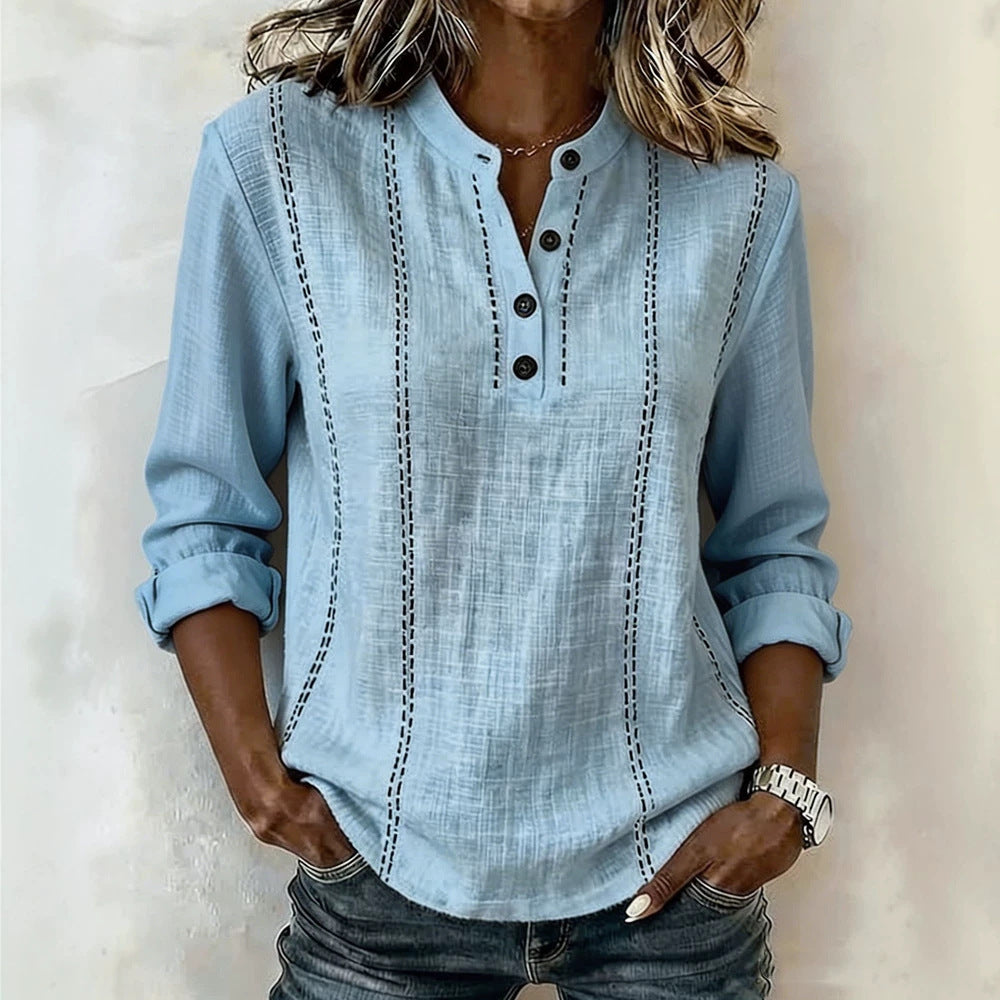 New Summer Loose Fitting Mandarin Collar Long-Sleeve Shirt