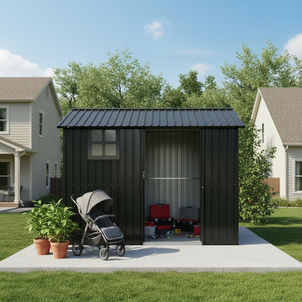 8x6FT Galvanized Steel Outdoor Storage Shed With Sliding Door, Heavy Duty Metal Tool Shed With Window & Vents, Weatherproof Utility Shed For  Patio Lawn,Black