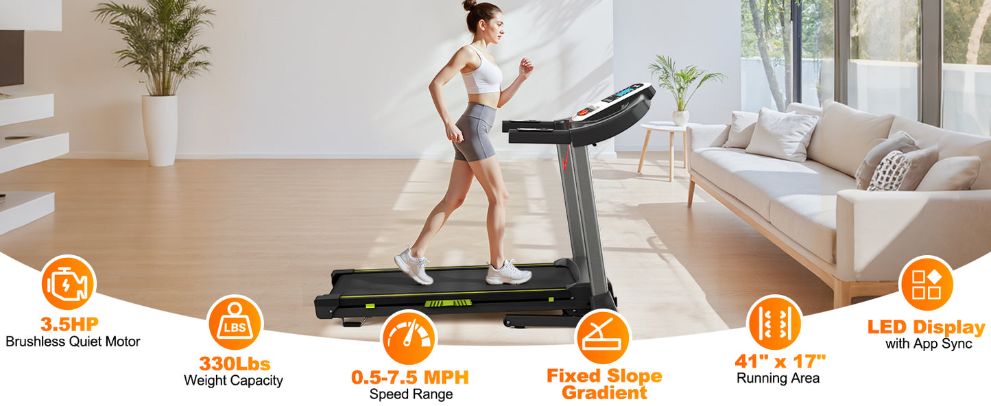3.5  Portable Foldable Treadmill With Handles  Slope Home Walking Running Treadmill 0.5-7.5 MPH 330 Lb Weight Capacity