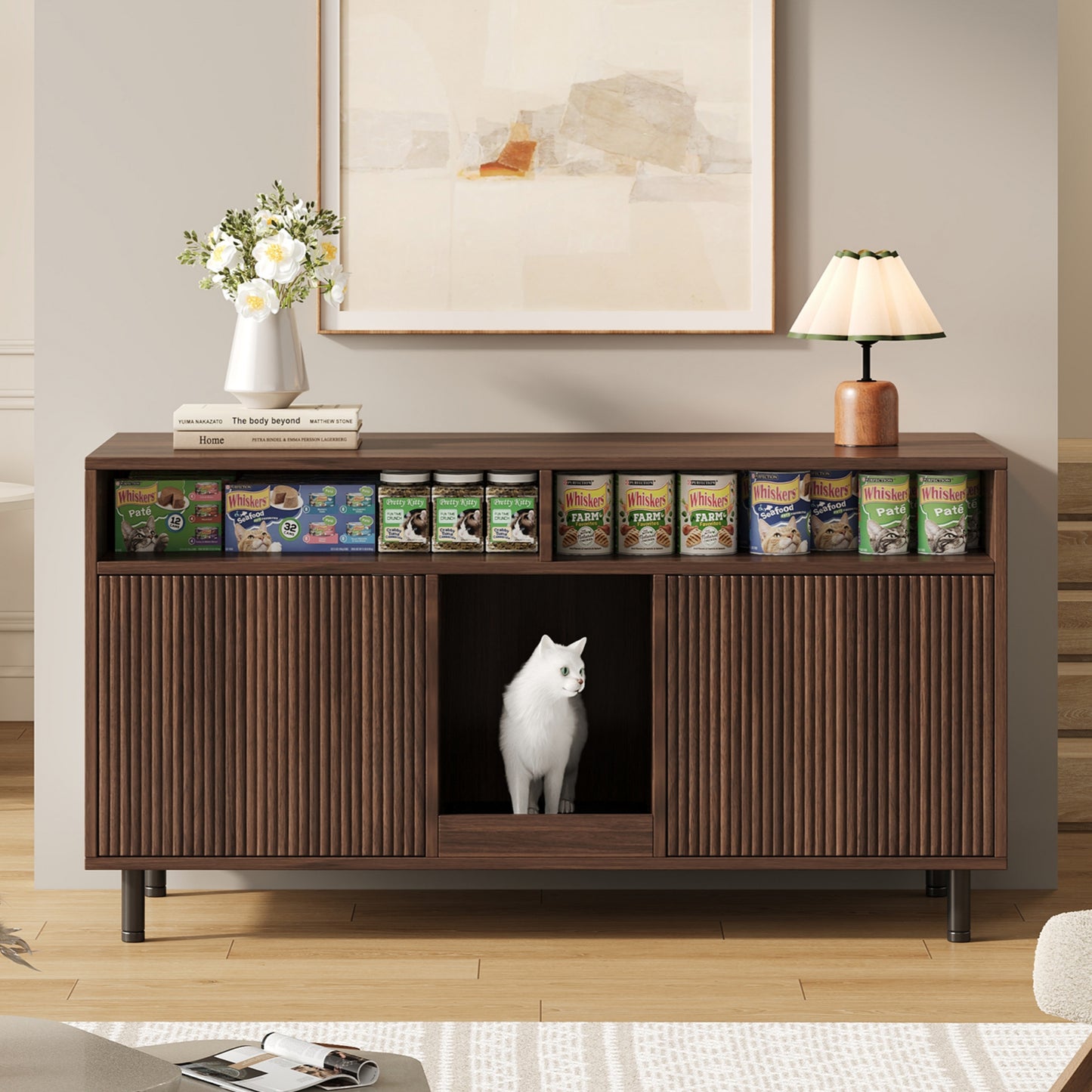 Cat Litter Box Cabinet Cat Litter Tray Cabinet With Sand Collecting Mat, Pet Cabinet With Shelf, Pet Sideboard TV Cabinet, Without Cat Litter Tray, 120x50x66cm, Walnut Colour