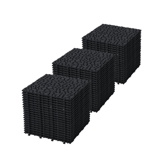 12 X 12 Inch Black Interlocking Deck Tiles Plastic Waterproof Outdoor All Weather Anti-slip Bathroom Shower Balcony Porch Strong Weight Capacity Upto 440 LBS, Pebble Stone Pattern Pack Of 60