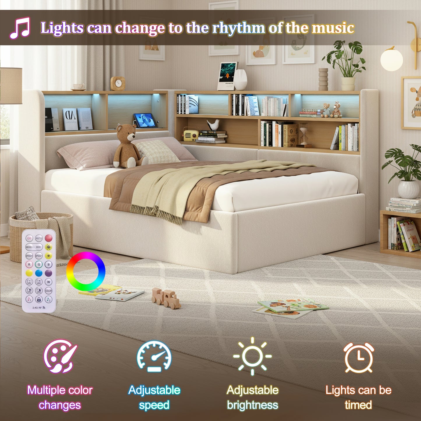 Daybed, L-shaped Upholstered With Storage Compartment, Sofa Bed With Storage, LED, USB Charging Port, 3FT Single Bed 90x190cm, Hydraulic Storage Bed Frame, Velvet, Beige