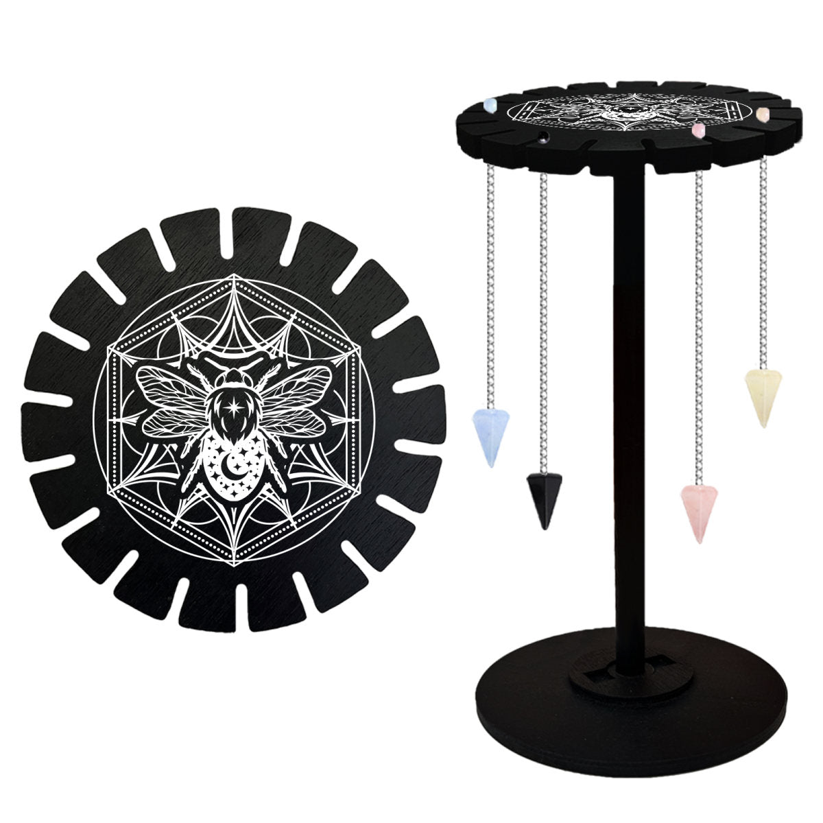 Wooden Wheel, Wooden Display Shelf, Black Holder Stand, Rustic Divination Pendulum Storage Rack, Witch Stuff