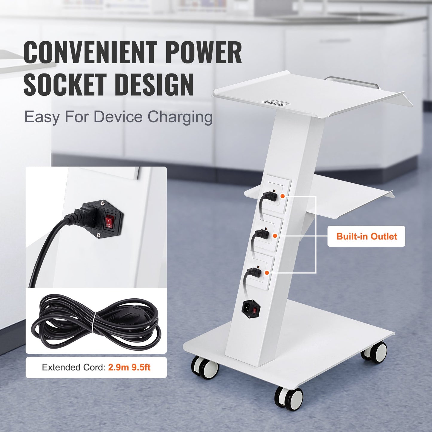 Lab Trolley, Rolling Lab Cart With Built-in Socket, 3-Layer Metal Mobile Trolley, Tray Rolling Clinic Cart With Swivel Wheels, 220 Lbs Weight Capacity, For Lab, Clinic, Beauty And Salon