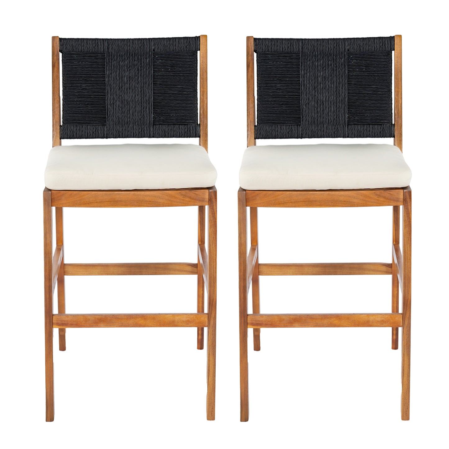 Outdoor Acacia Wood Bar Stools  Set Of 2 , Teak Finish Bar Height Chairs With Cream Cushion & Black Wicker Back, Counter Height Stools For Patio, Poolside, Kitchen Island