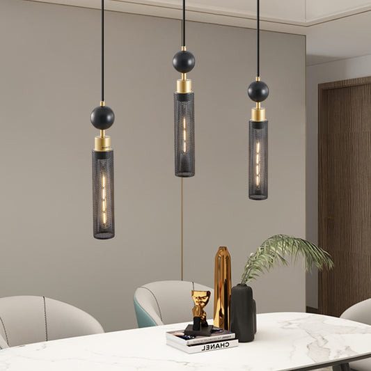 25  Modern Black And Gold 3-Light Pendant Chandelier, Adjustable Hanging Lights With Cylindrical Mesh Shades, E26 Base, Ideal For Dining Room, Kitchen Island, Or Living Room Lighting No Bulbs