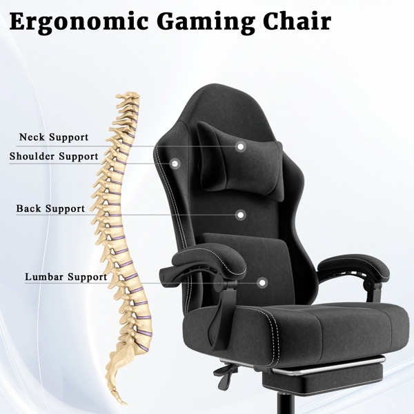 Ergonomic Gaming Chair, Video Game Chair With Massage Lumbar Support And Footrest, Height Adjustable Fabric Computer Chair With Pocket Spring Cushion