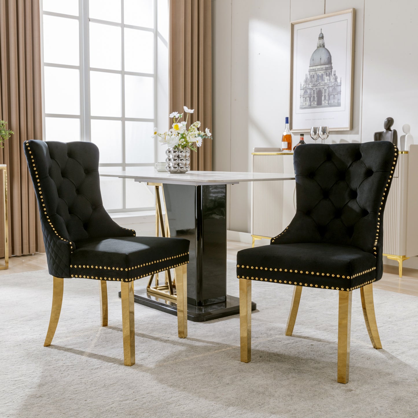 Dining Chair Kitchen Chair Living Room Chair With Unique Round Pull Rings On The Back, 2 Pcs, Upholstered Chair With Nailhead Trim, Gold Plated Stainless Steel Support Legs, Velvet, Black Gold
