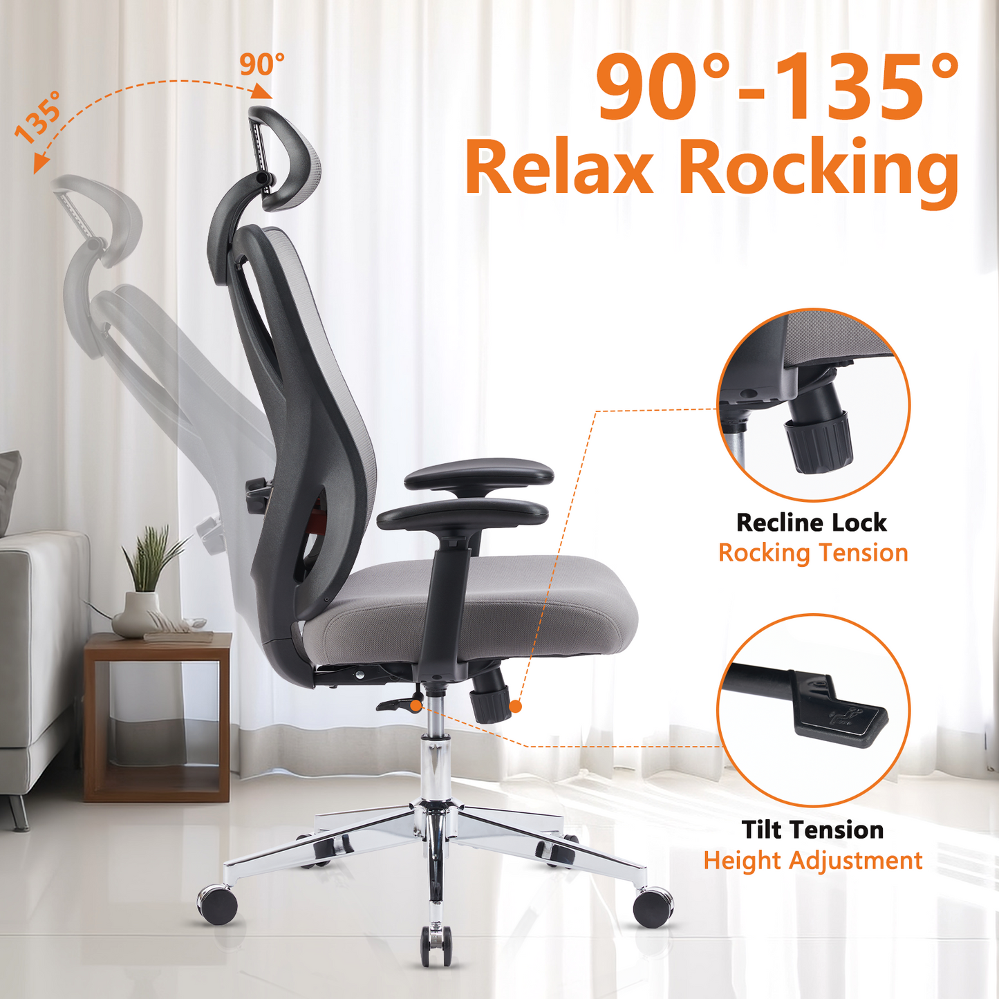 High Back Desk Chair With Adjustable Lumbar Support & Headrest,Comfortable Mesh Computer Chair With Soft Flip Up Arms, Adjustable Height And 120 Tilt