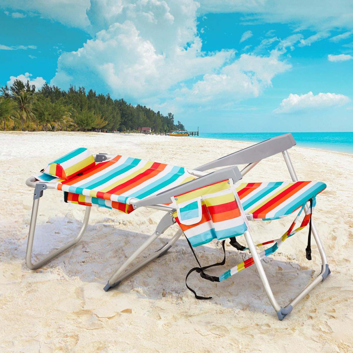 Adjustable Rainbow-Striped Backpack Beach Chair  Portable Folding Lounger With Side Storage Pocket And Pillow  Outdoor Beach, Camping, And Leisure Chair