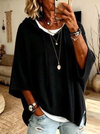 New Knitted Hoodie With Drawstring, Loose Fit Outerwear Sweater
